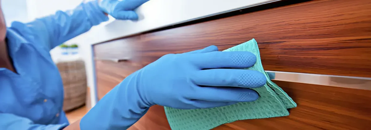 Cleaner wearing blue gloves wiping a wooden cabinet drawer with a microfiber cloth for dust and grime removal, Pembroke Pines, FL.