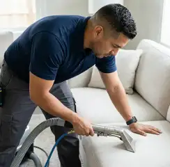 Professional upholstery cleaning technician using an extraction wand to deep-clean a fabric sofa, Pembroke Pines, FL.